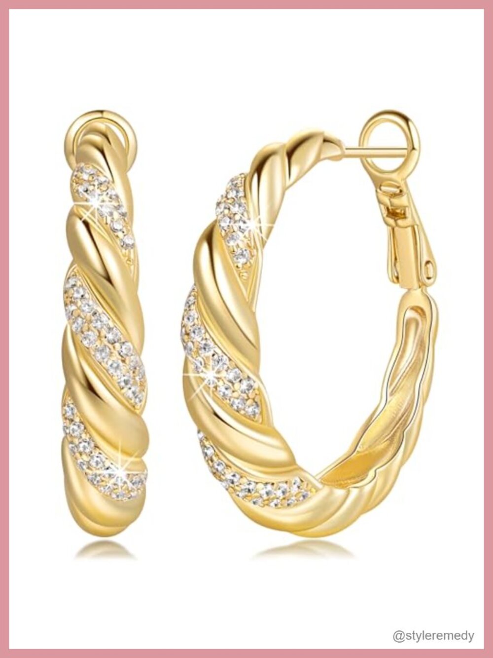 14K Gold Plated Spiral Hoop Earrings Cubic Zirconia Micro Pave